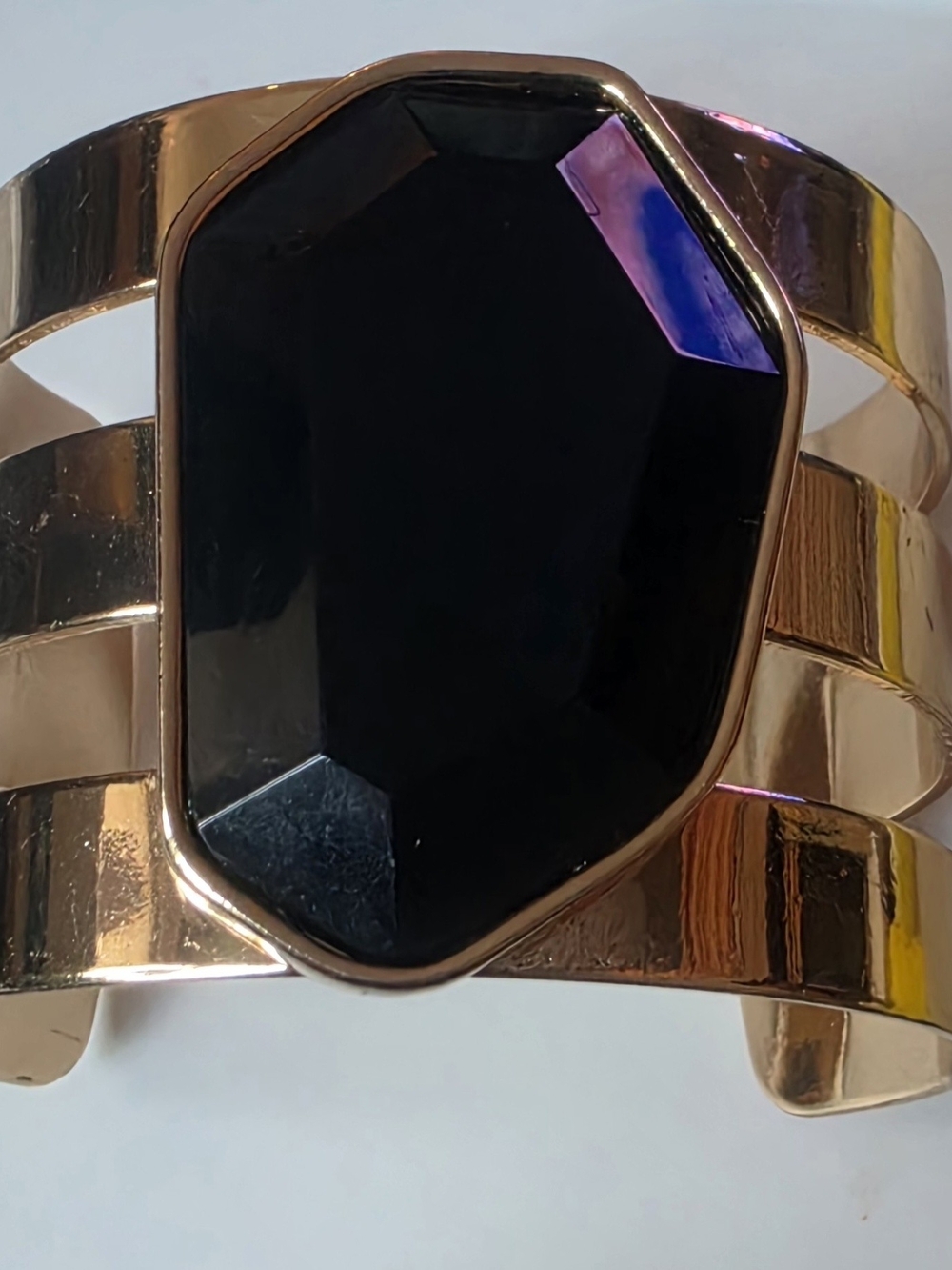 Stunning Gold-Tone Cuff Bracelet with Black Stone Solid Piece